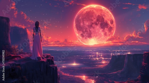 A beautiful woman in a white dress stands on top of the city and looks at the moon