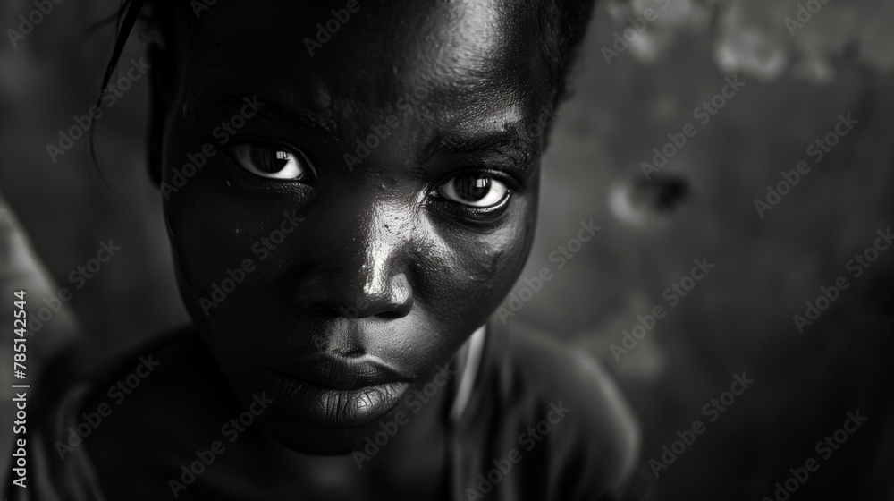 AI generated illustration of a close-up of a dark-skinned person with deep eyes - obrazy, fototapety, plakaty 
