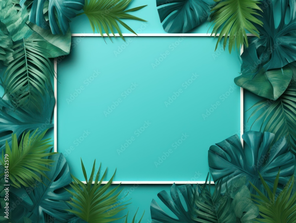 Cyan frame background, tropical leaves and plants around the cyan rectangle in the middle of the photo with space for text