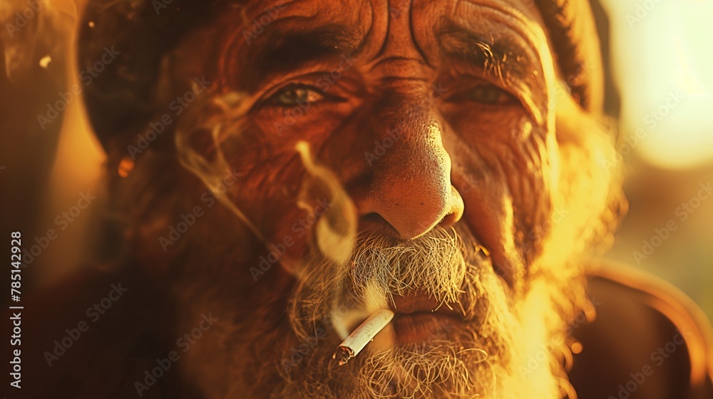 Elderly man with a beard smoking a cigarette