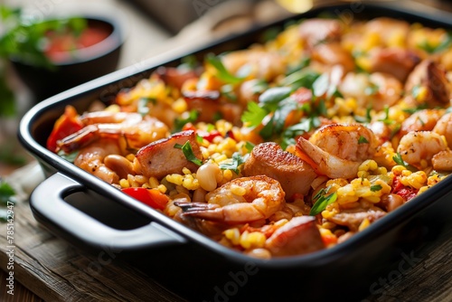 casserole with paella, shrimp curry on a bowl, shrimp curry closeup, shrimp 