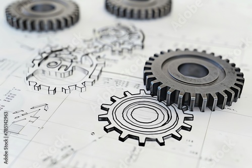 A closeup of an engineering drawing with three gears and one gear in the foreground, with black lines on white paper The background is blurred to emphasize details There is no text or words visible Th