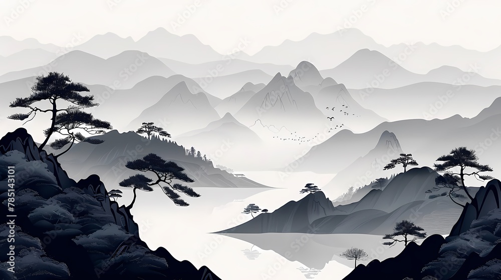 Traditional black and white lines landscape illustration poster background