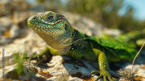 AI generated illustration of a green lizard perched on a rock © Wirestock