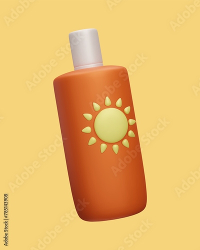 3D SPF sunscreen spray beauty cosmetic product vector illustration. Cute cartoon style orange SPF sunblock lotion. Sun safety UV lights protection makeup. Summer skincare healthcare cosmetic.
