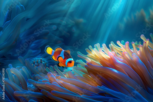 A colorful underwater scene featuring a clownfish swimming among vibrant corals and anemones on a tropical reef