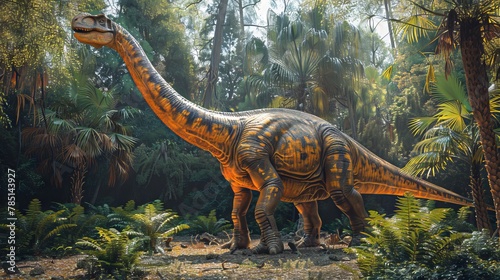 AI generated illustration of a brachiosaurussaurus model in jungle setting photo