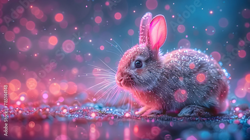 An easter greeting card design with a bunny and an easter egg in a digital tech style. Futuristic modern illustration with a light effect.