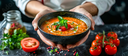 Gazpacho is a refreshing Spanish cold soup made from ripe tomatoes, peppers, cucumbers, onions, garlic, olive oil, and vinegar photo