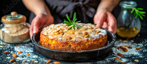 Bienenstich, or Bee Sting Cake, is a German dessert made with a yeast dough base topped with a honey almond caramel layer and filled with a vanilla custard or pastry cream photo
