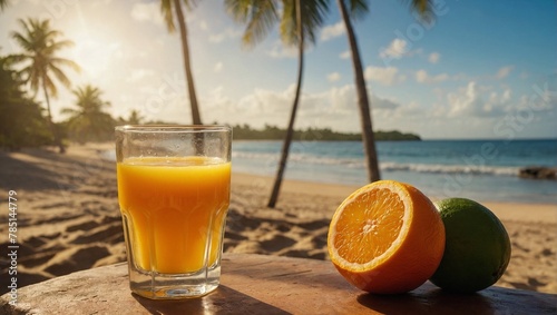 A glass of freshly squeezed orange juice, on the beautiful tropical beach