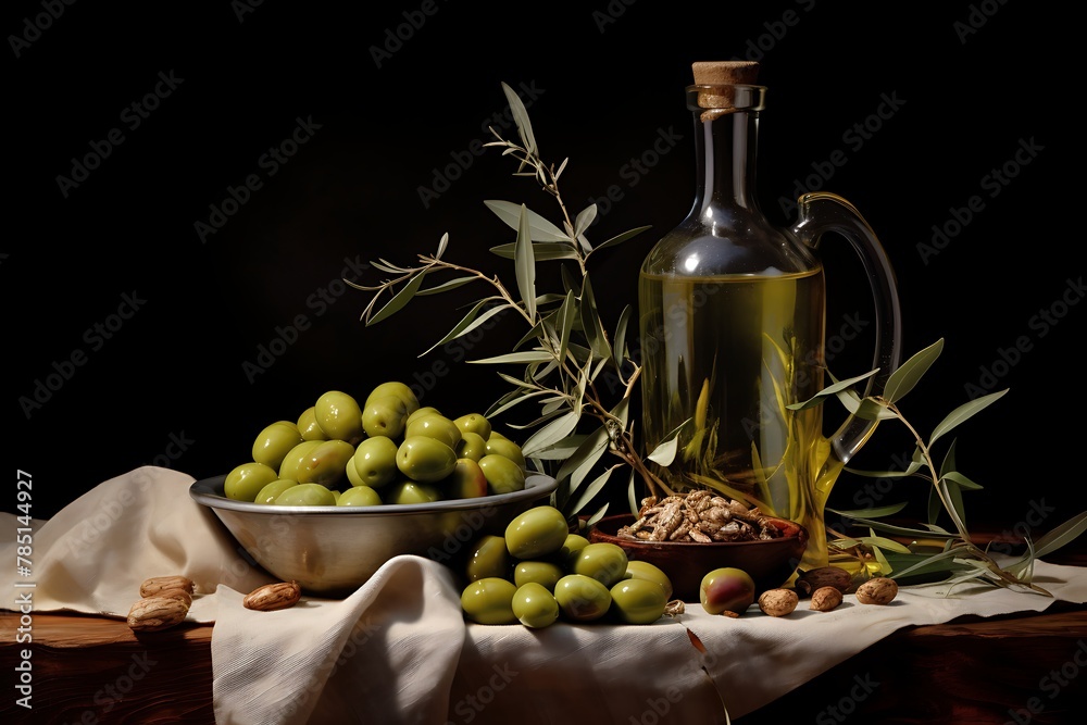 Olive oil in a bottle and olives on a dark background Olive oil in a bottle and olives on a dark background