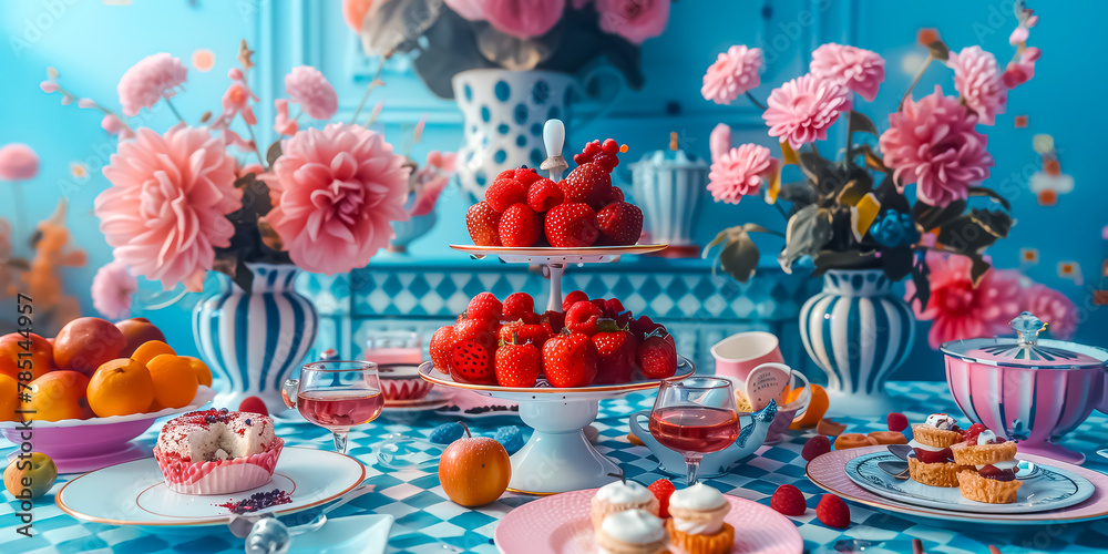 fruits, cookies, and flowers on a colorful blue and white table and background