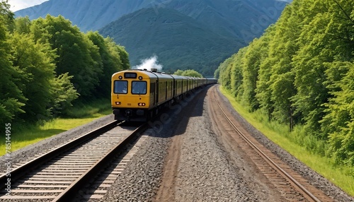 a train is riding down the track near the mountains,
