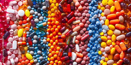multicolored pharmaceutical pills and capsules, including opioids, vitamins, and a variety of medicines, scattered across a surface