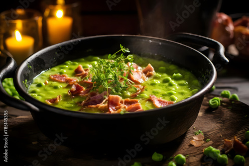 Pea Soup, Warm and vibrant soup made from split pea, served with ham