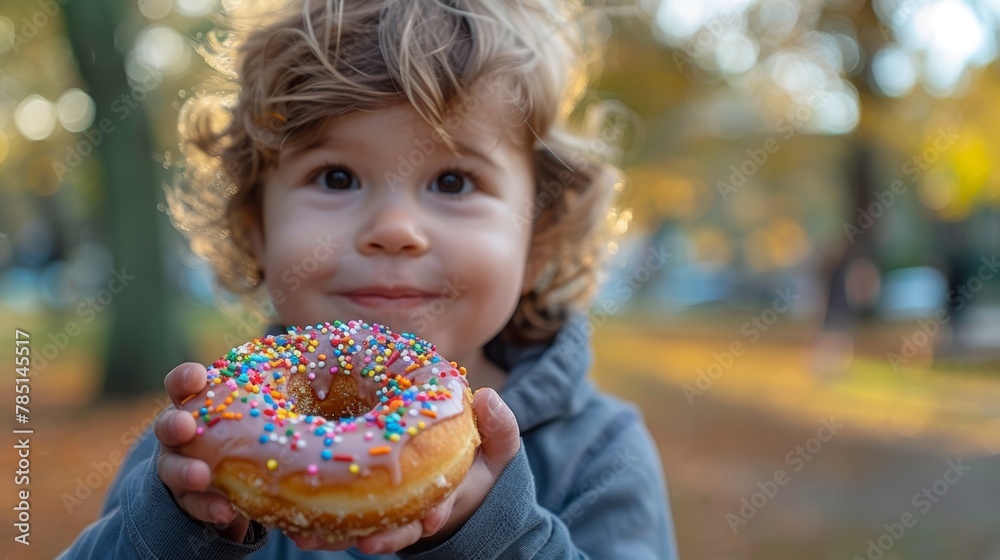 Child with a bright smile holding a sprinkled donut, enjoying a delightful moment