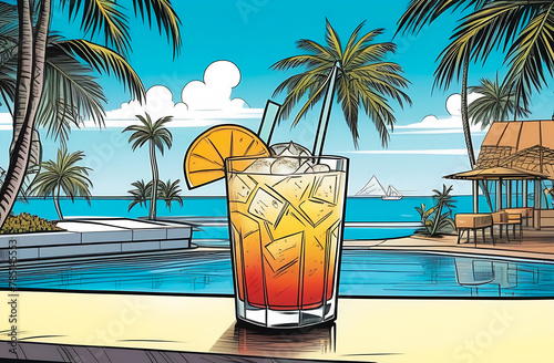 Illustration of a cocktail at the bar on the beach in a summer hotel