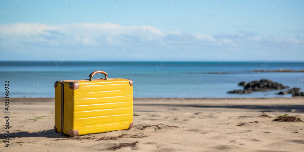 Yellow travel suitcase on the sandy beach of a tropical island in the ocean. Tourist hand luggage on the sea coast.