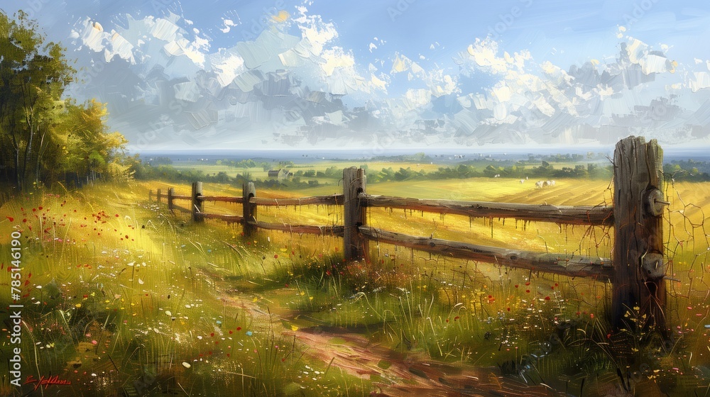 the fence of a painting is in view over a field