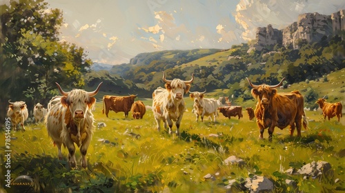 this is a painting of cows in the mountains near a wooded area photo