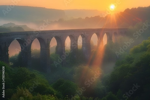 the sun rises over a beautiful landscape near a bridge at dawn © Wirestock