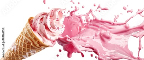"Melting Pink Ice Cream Cone Splash on White Background"
