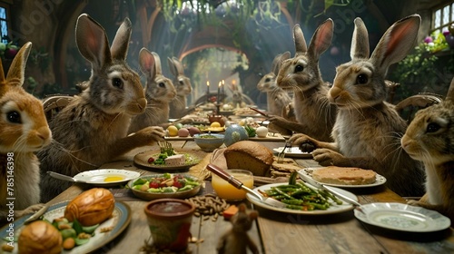 Group of rabbits gathered around a table with food on it, AI-generated.