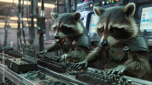 Two cute raccoons in outfits beside a computer screen, AI-generated.