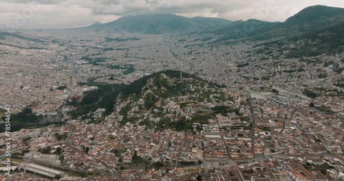 Aerial shot of the cityscape of Quito spread on mountains under the cloudy sky in Ecuador