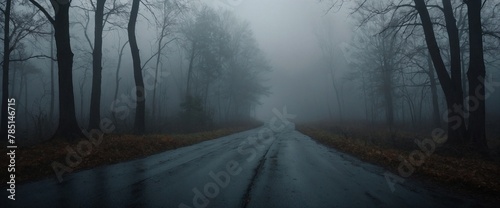 AI generated illustration of a hyper-realistic photograph of a foggy road lined with trees photo