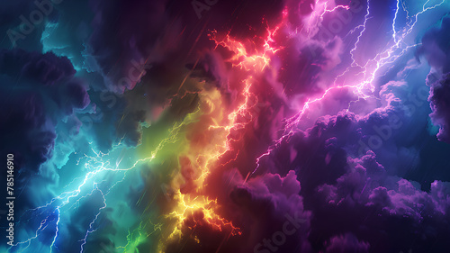colored lightning strikes, bright neon rainbow colors