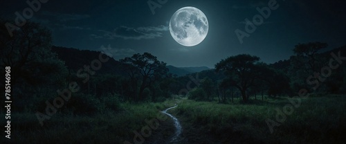 AI generated illustration of the moon shining in a hyper-realistic night sky over a dense forest