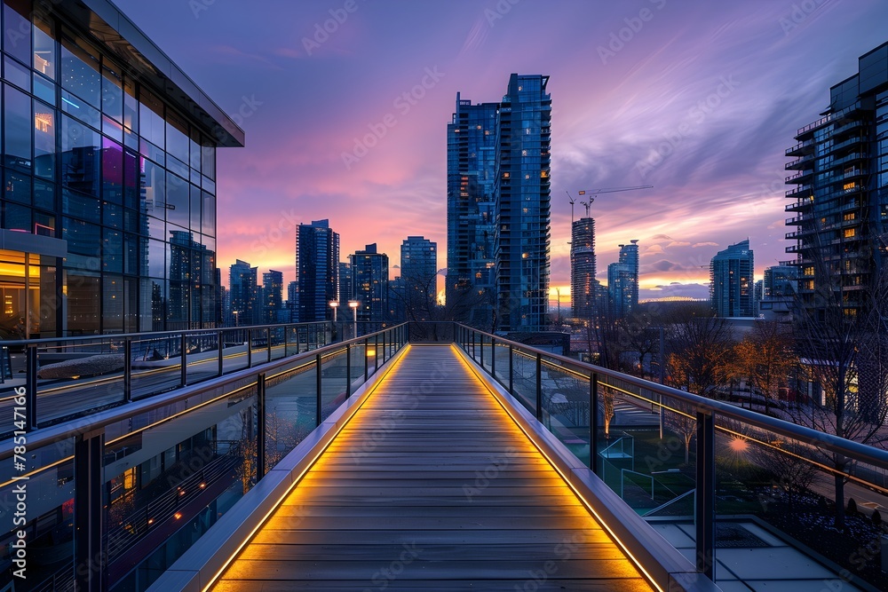 Fototapeta premium Captivating Modern Urban Landscape with Sleek Architectural Structures and Dramatic Colorful Lighting at Dusk