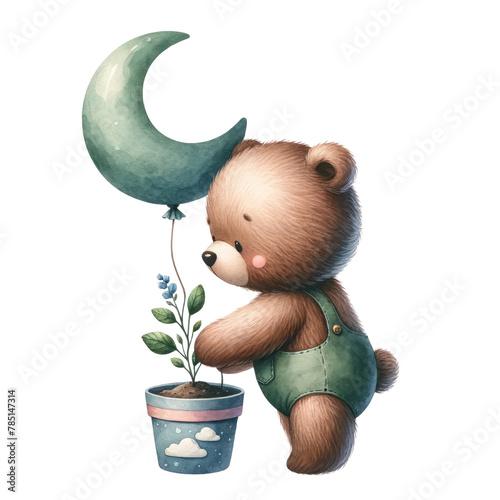 Little bear planting under a watchful moon, nurturing care for nature, concept of gardening and the wonder of growth  © Tuzki