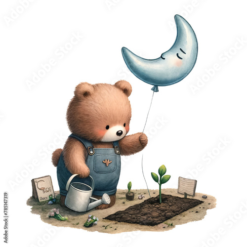 Bear cub with crescent moon balloon planting in the garden, concept of childhood curiosity and the joy of horticulture  © Tuzki