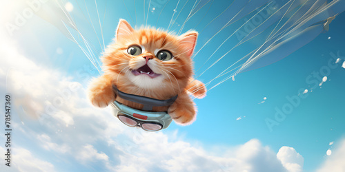 Funny cat flying in the air with the parachut on the cloudy sky background 
