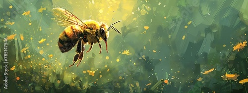 Craft a whimsical scene of a bee flying with its delicate wings spread wide, utilizing pixel art to convey a sense of movement and wonder