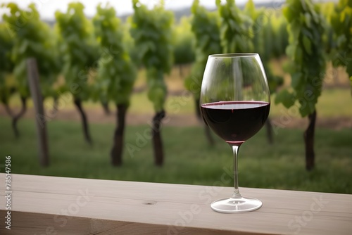 AI generated illustration of a wine glass filled with red wine beside grapevines