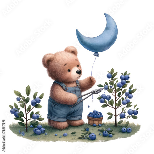 Bear cub picking blueberries with an aiding crescent moon balloon, concept of learning and playful exploration in nature  © Tuzki