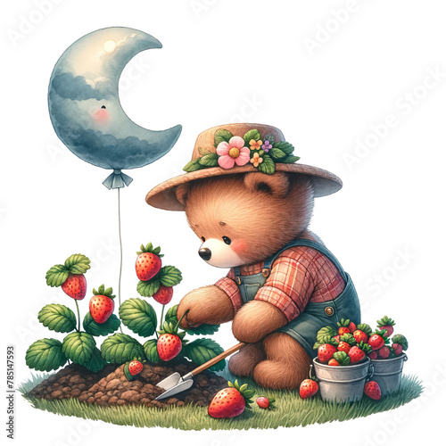 Teddy bear tending to strawberry plants with a happy crescent moon, concept of nurturing and garden care  © Tuzki