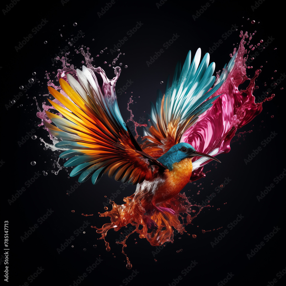 Bird in multi colors splashing wather on black background. Natural color. Bird in multi colors splashing wather on black background. Natural color.