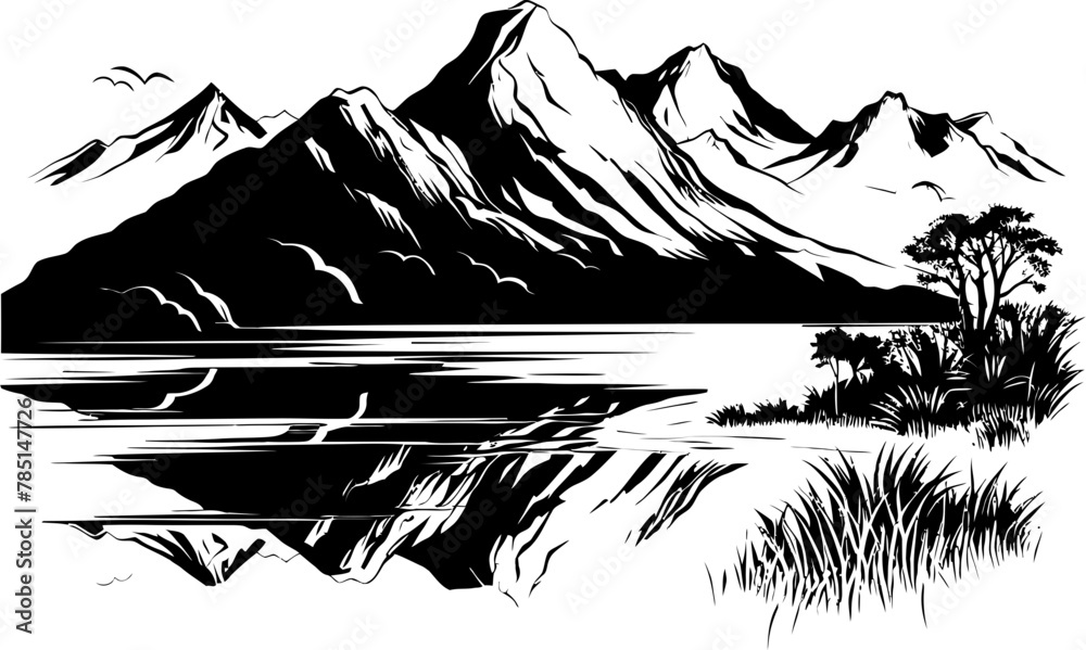 Fototapeta premium Mountain Majesty Sketchy Landscape Icon Coastal Canvas Wild Nature Sketch Emblem