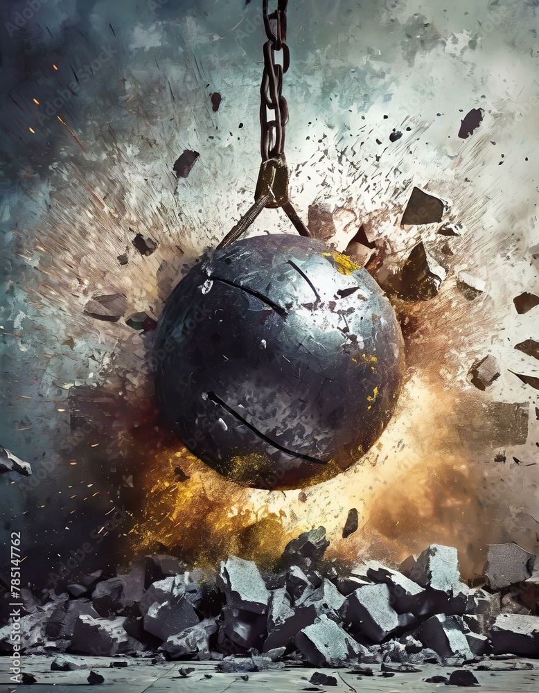 wrecking ball striking a concrete wall