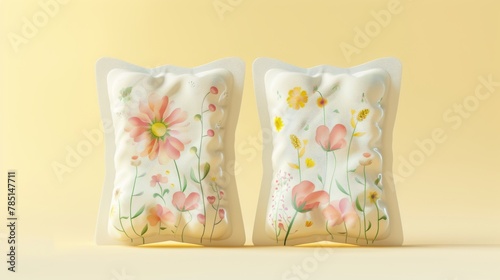 An illustration of flowers on the sanitary pads packages isolated on a yellow background gives a realistic impression.