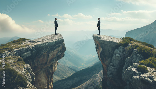 AI-generated illustration of Two men on a cliff edge under the cloudy sky photo
