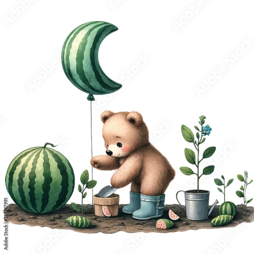Teddy bear watering a large watermelon under a watchful crescent moon balloon, concept of summertime and agricultural care  © Tuzki