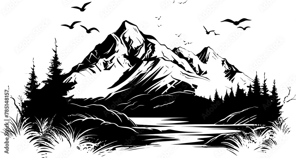 Naklejka premium Coastal Contours Sketchy Seascape Emblem Mountain Majesty Sketch Mountain Icon