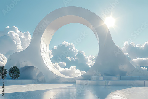White marble arches with circular windows in the center, cloudlike installation art, interior design. Created with Ai
