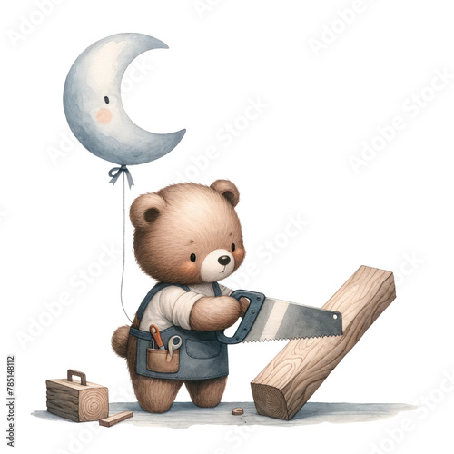 Plush teddy bear sawing wood under the guidance of a moon balloon, concept of learning and creativity in play  © Tuzki